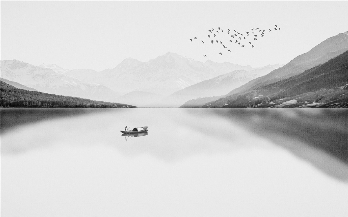 Fototapeta rybár v centre pokojného rybníka