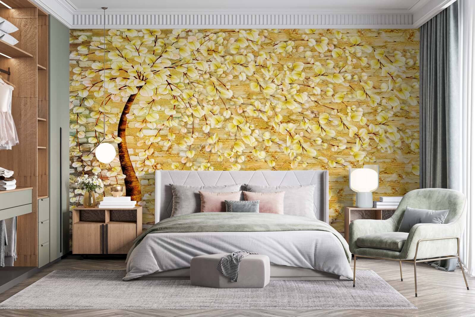 Fototapeta strom posiaty bielymi a žltými kvetmi