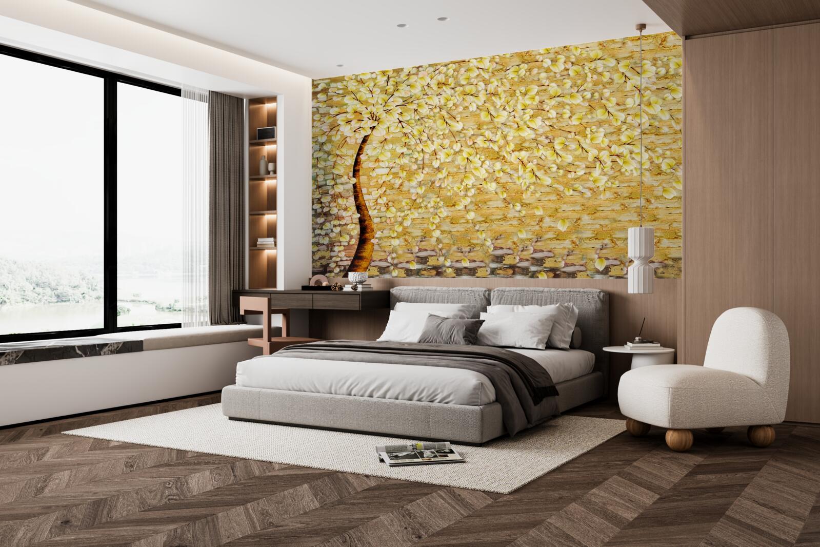 Fototapeta strom posiaty bielymi a žltými kvetmi