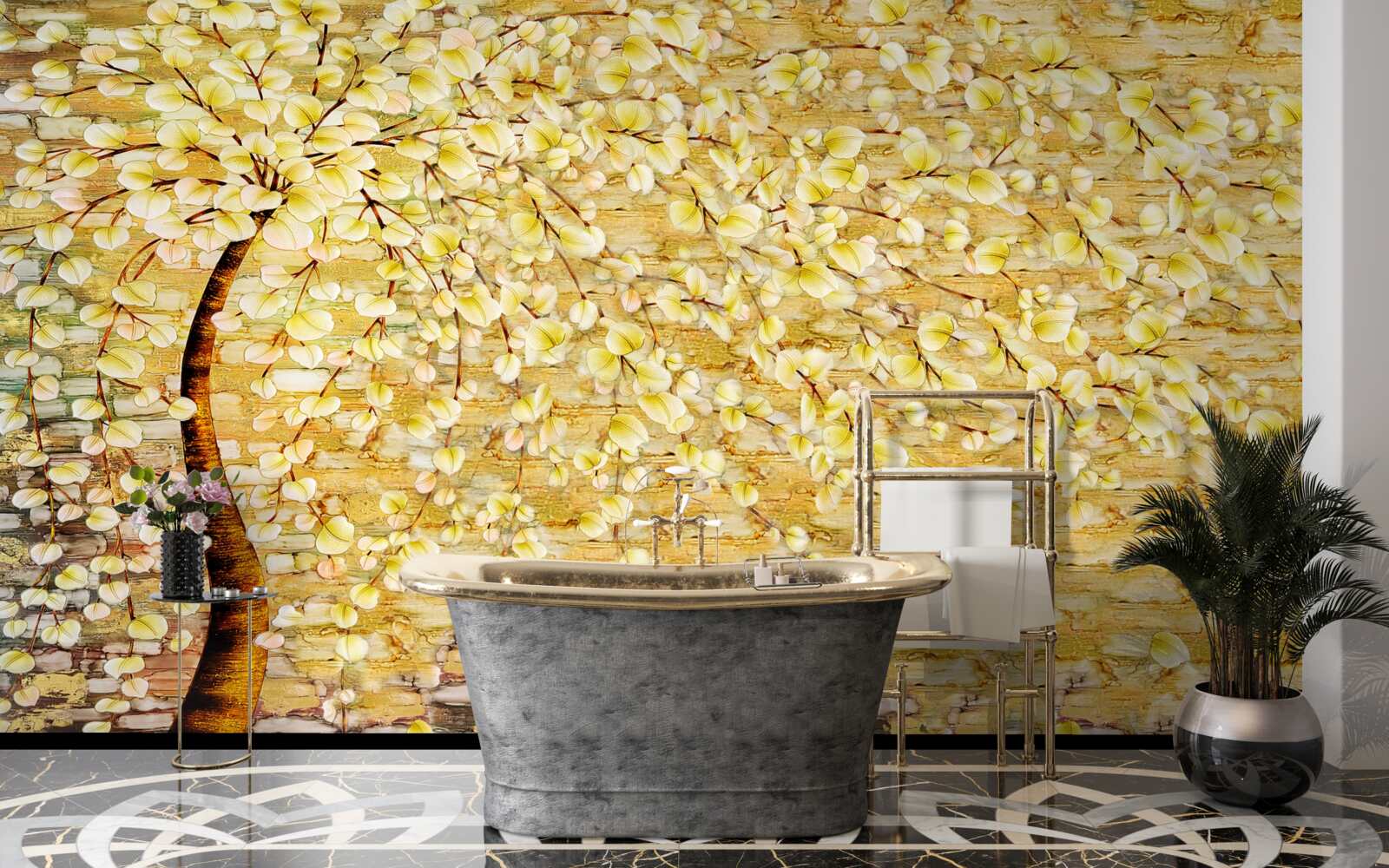 Fototapeta strom posiaty bielymi a žltými kvetmi