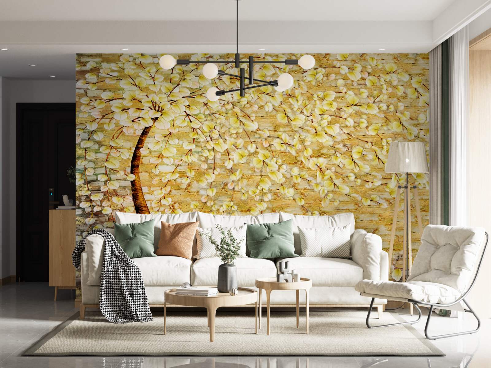 Fototapeta strom posiaty bielymi a žltými kvetmi