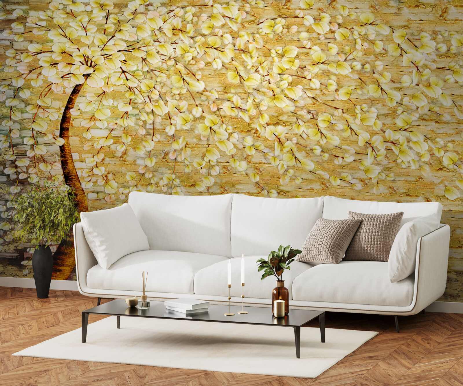 Fototapeta strom posiaty bielymi a žltými kvetmi