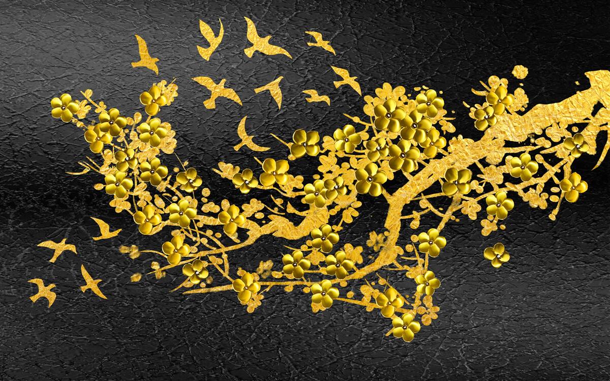 Fototapeta malé žlté kvety a vtáky