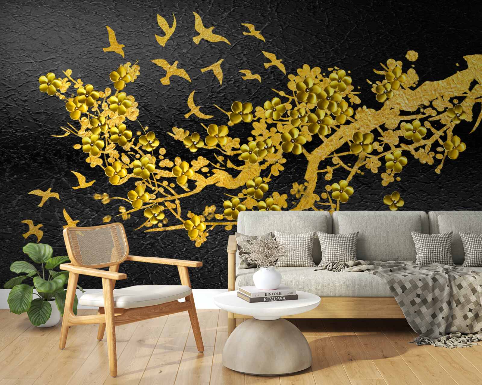 Fototapeta malé žlté kvety a vtáky