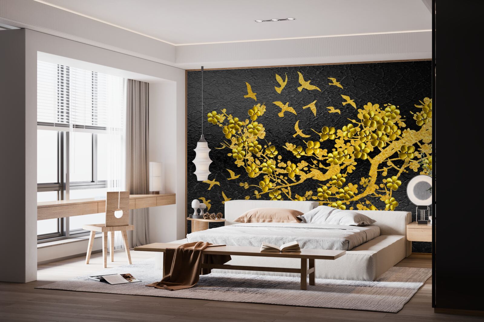 Fototapeta malé žlté kvety a vtáky