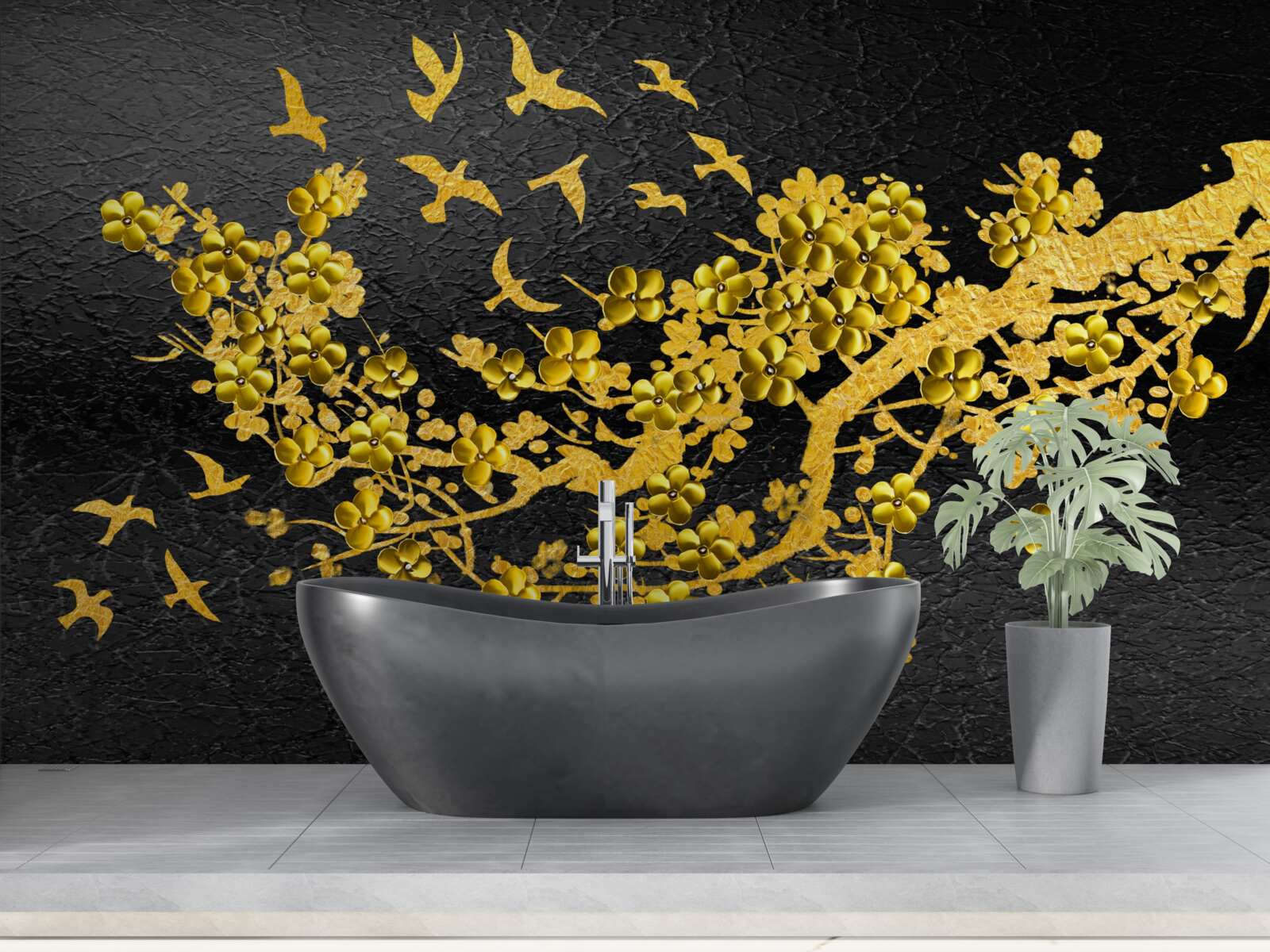 Fototapeta malé žlté kvety a vtáky