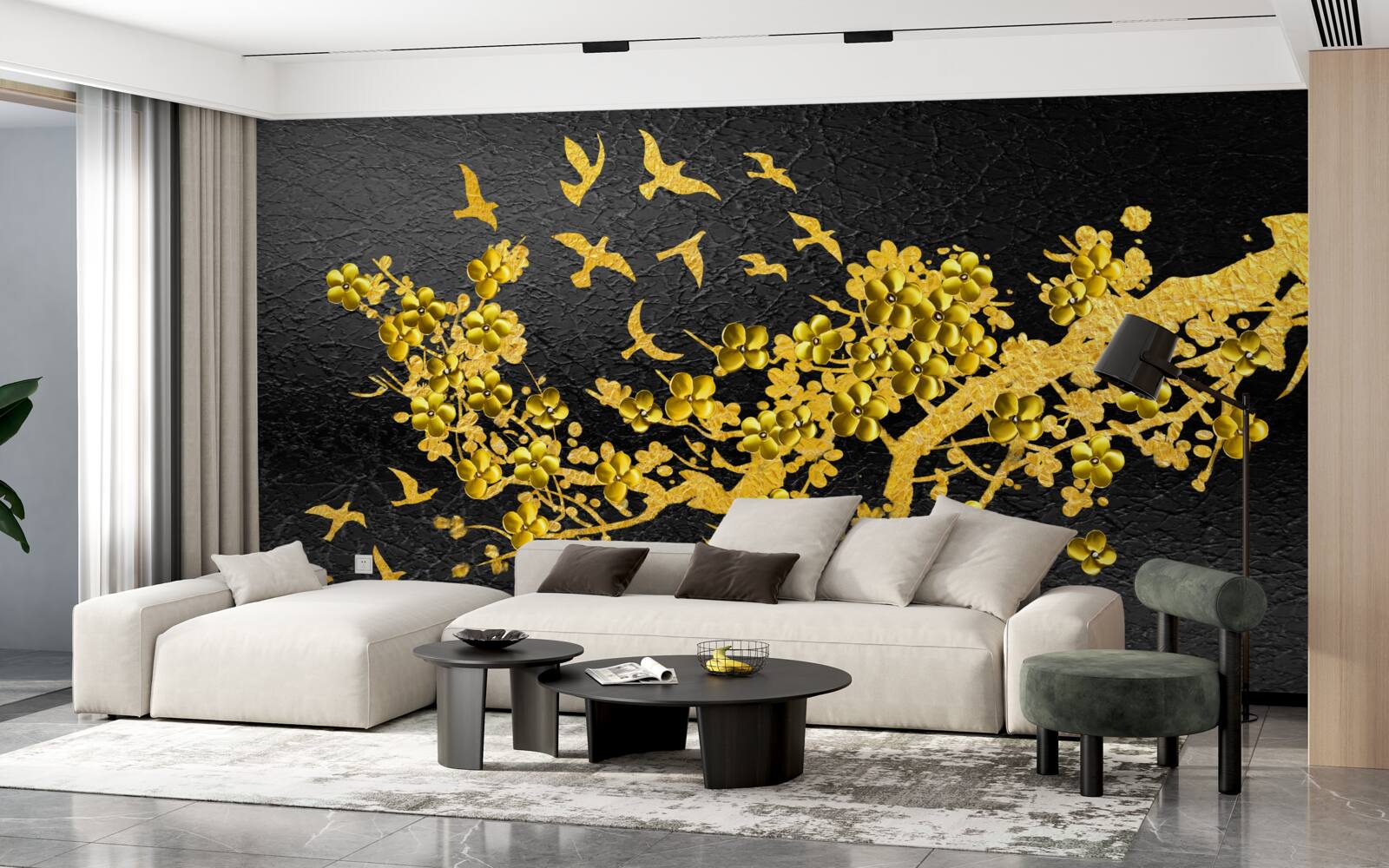 Fototapeta malé žlté kvety a vtáky