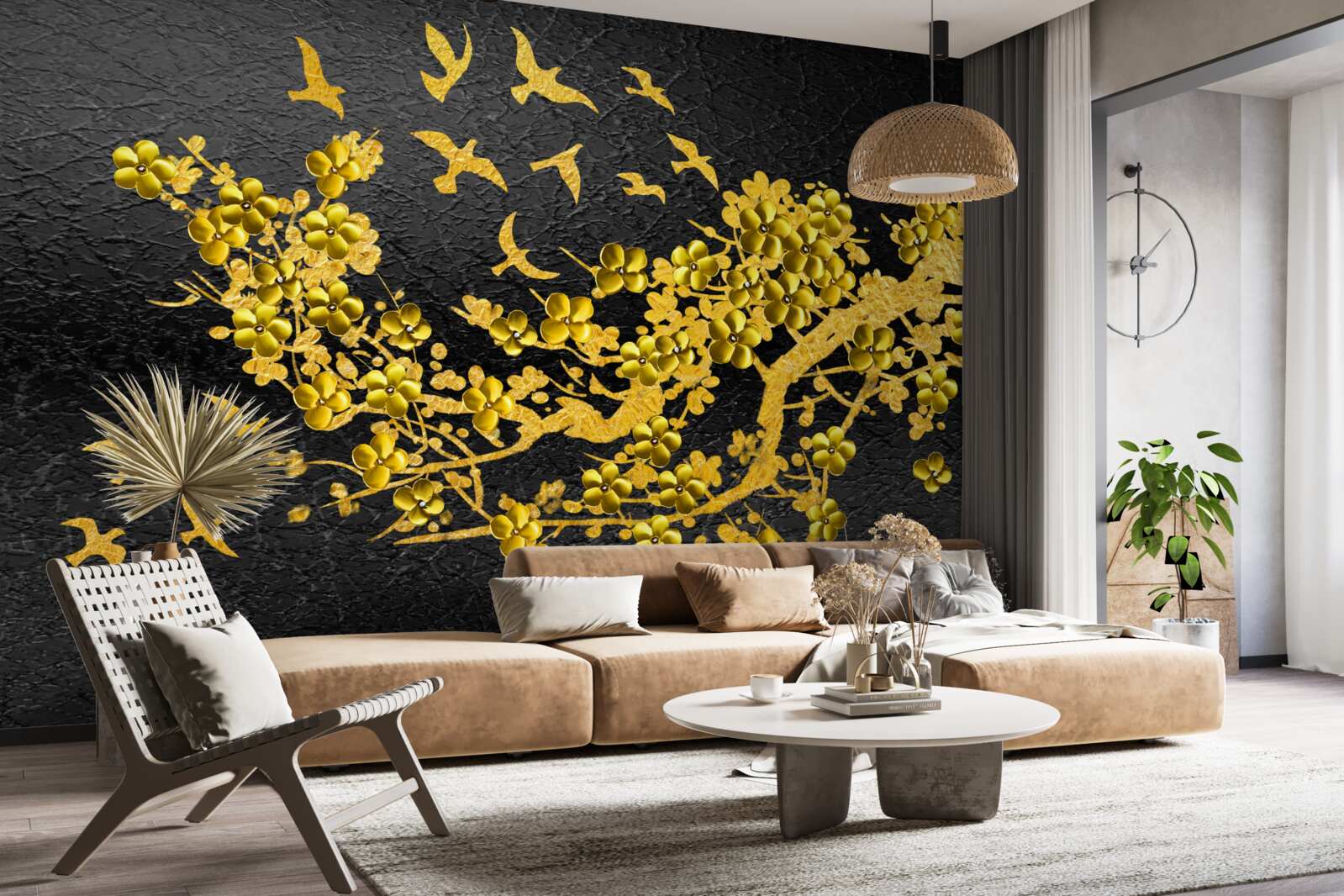 Fototapeta malé žlté kvety a vtáky