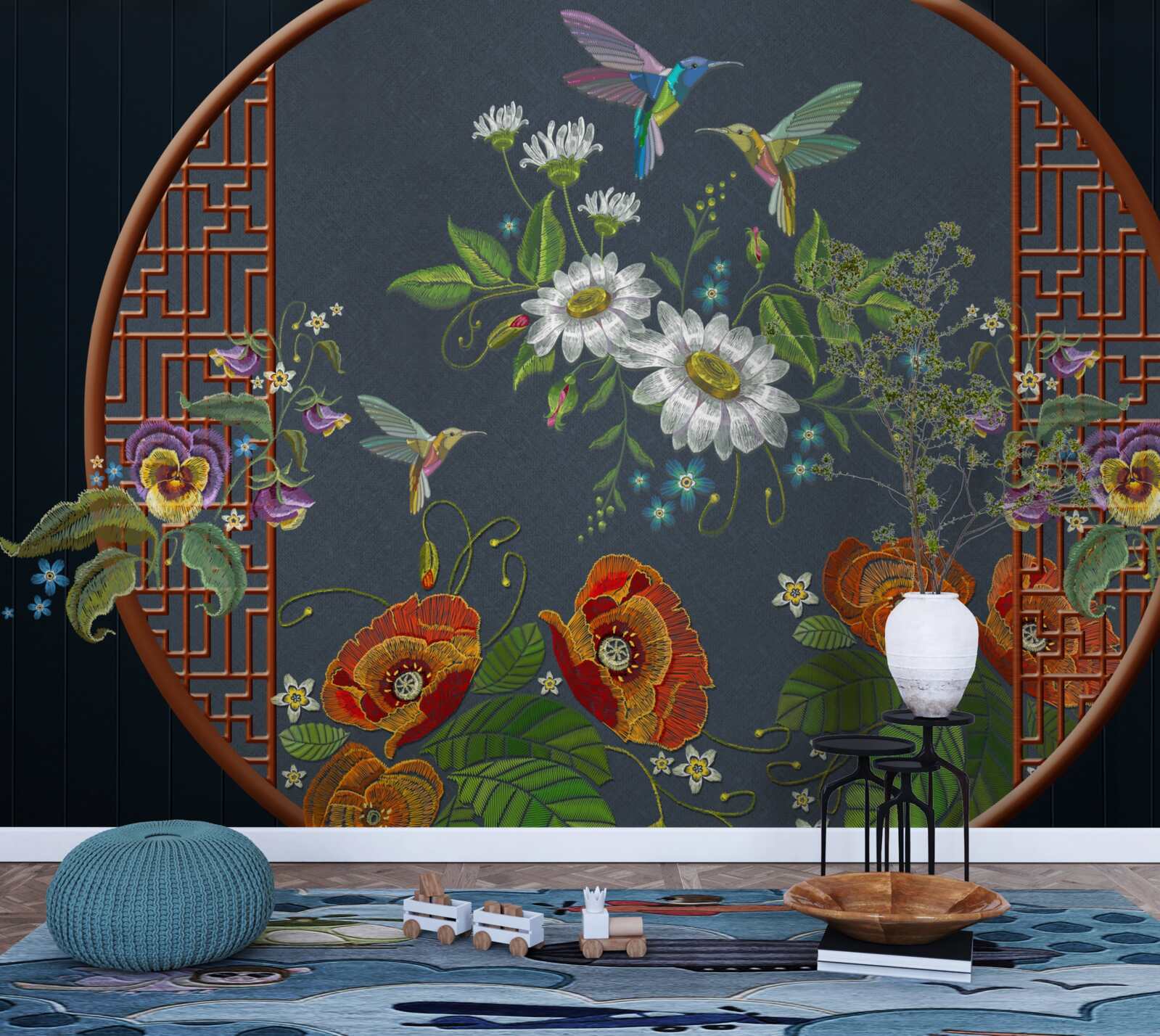 Fototapeta panel s kvetmi a kolibríkmi