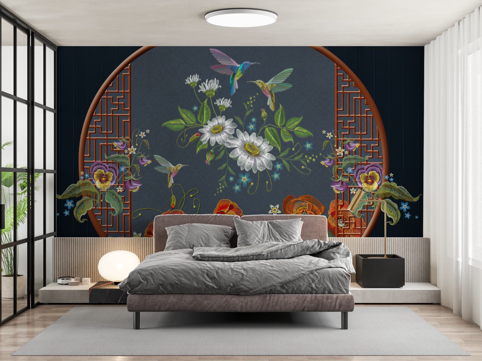 Fototapeta panel s kvetmi a kolibríkmi