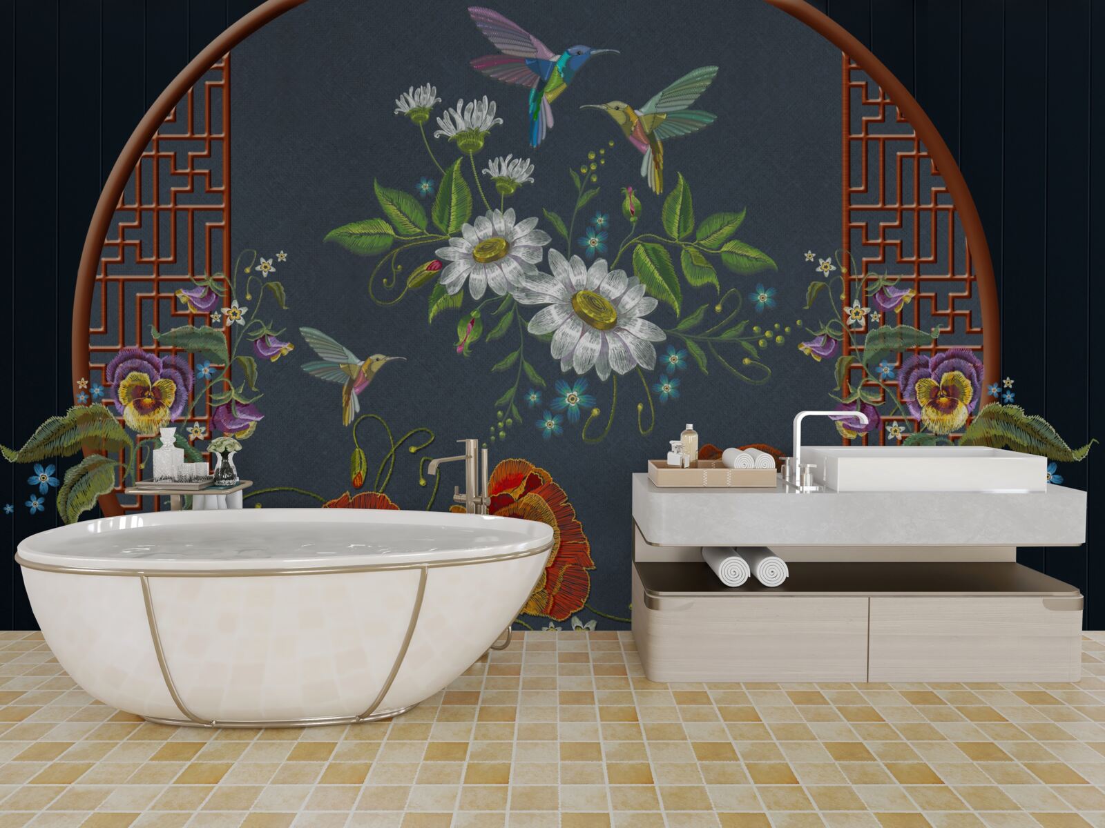 Fototapeta panel s kvetmi a kolibríkmi