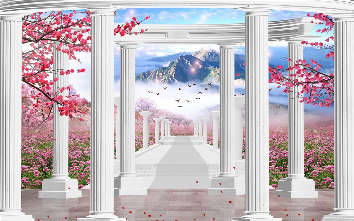 Fototapeta biely altánok na pozadí zapadajúceho slnka, zdobený čerešňovými kvetmi