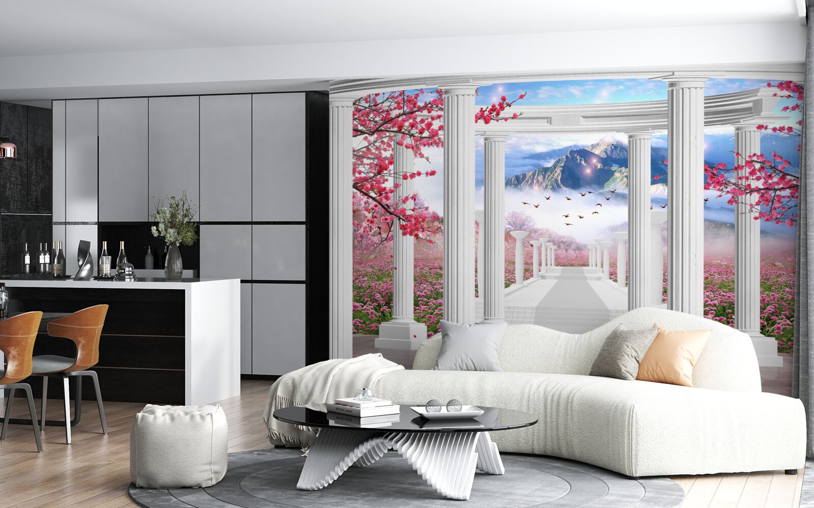 Fototapeta biely altánok na pozadí zapadajúceho slnka, zdobený čerešňovými kvetmi