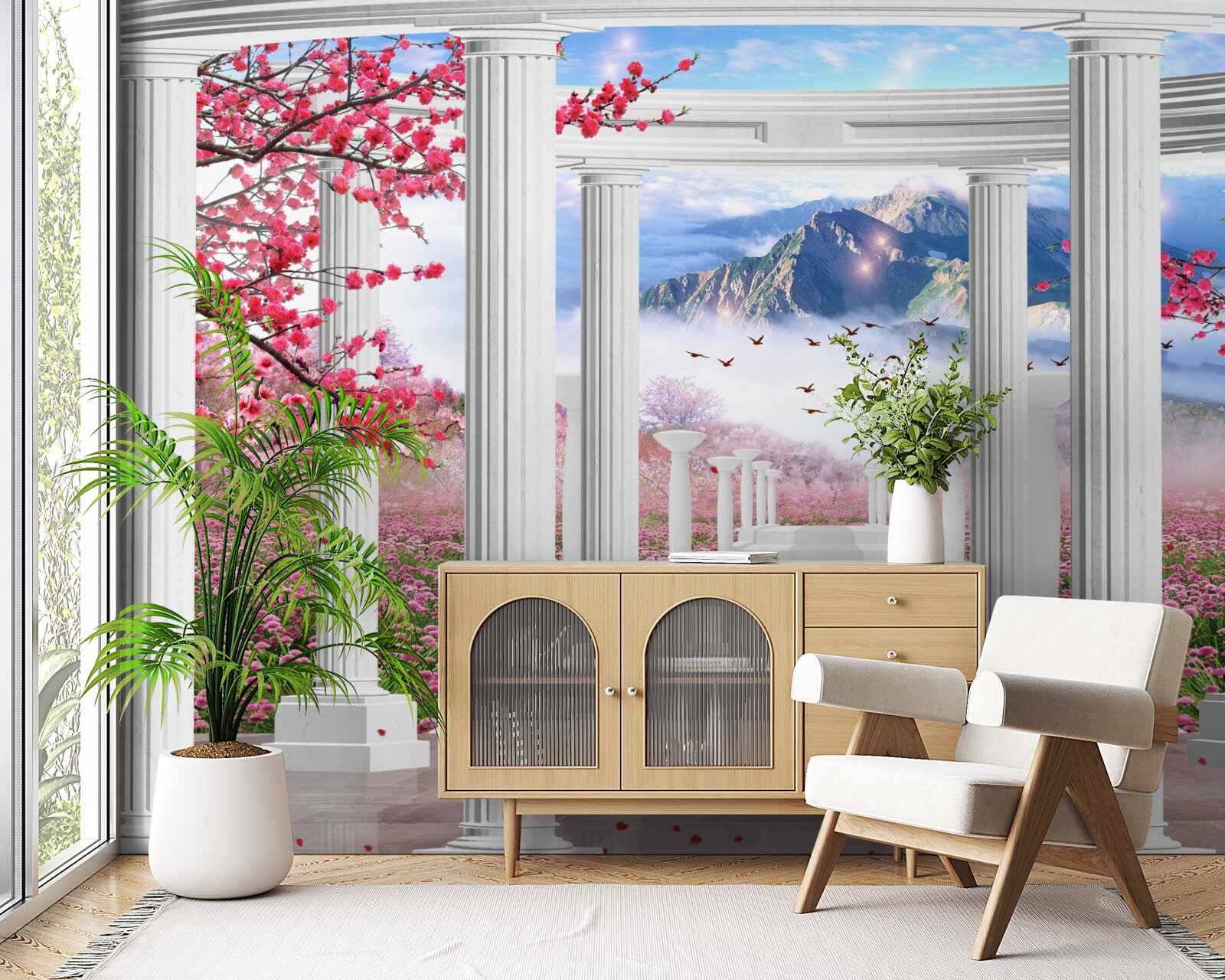 Fototapeta biely altánok na pozadí zapadajúceho slnka, zdobený čerešňovými kvetmi