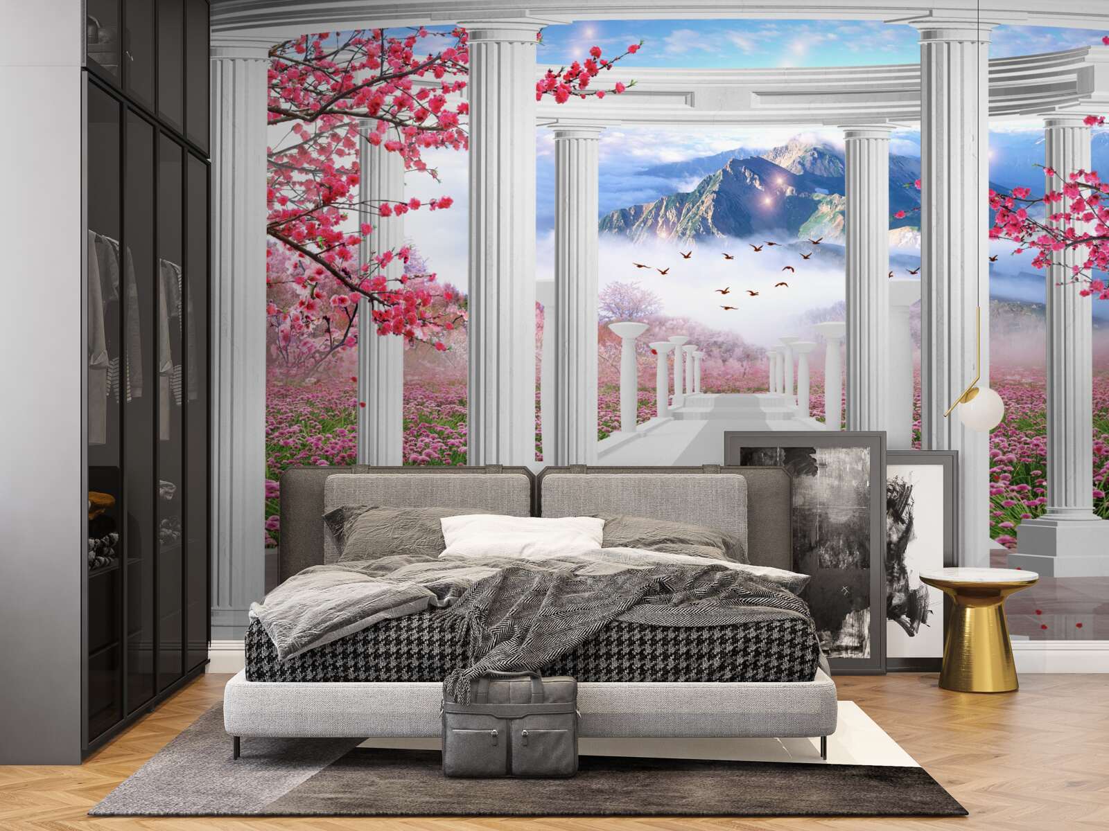 Fototapeta biely altánok na pozadí zapadajúceho slnka, zdobený čerešňovými kvetmi