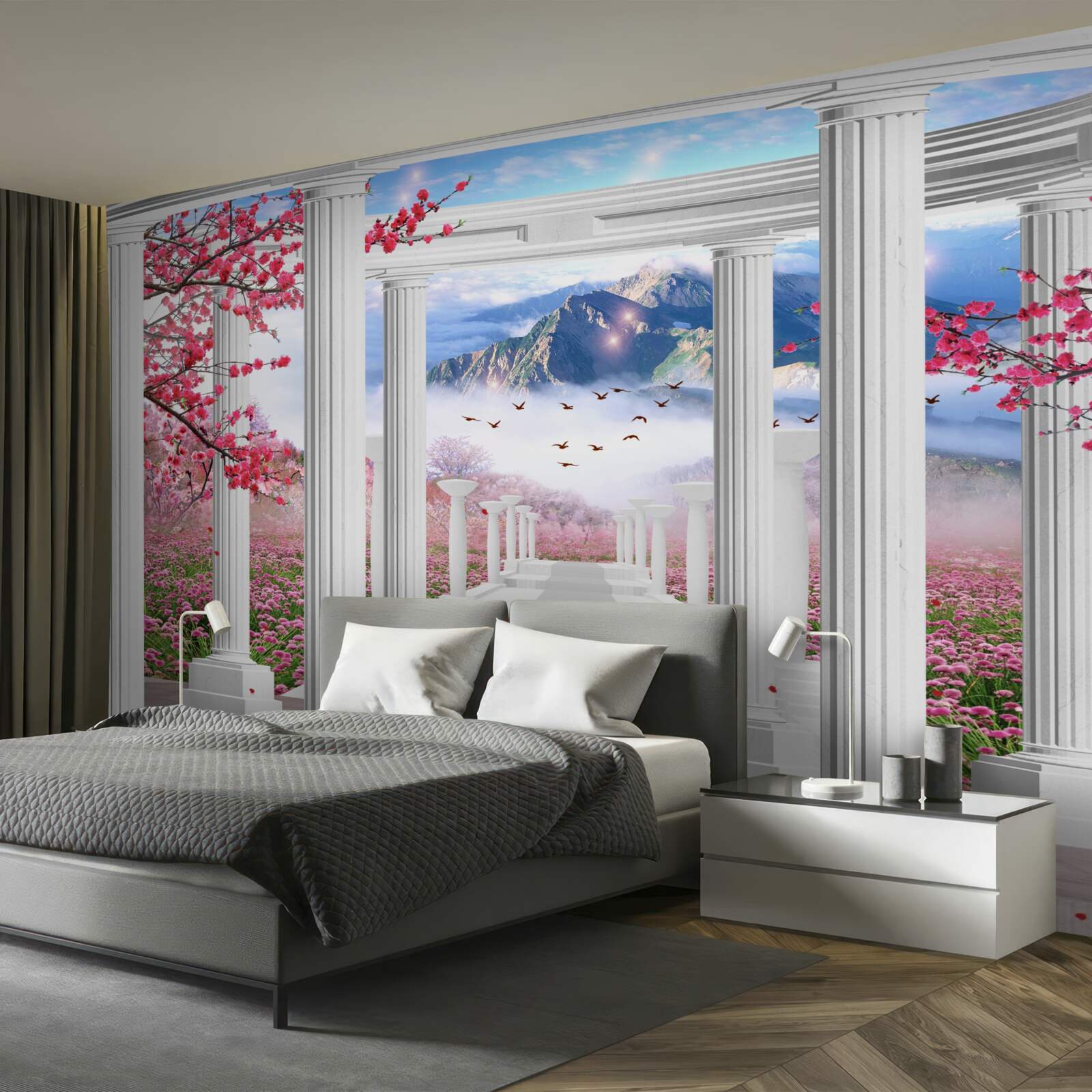 Fototapeta biely altánok na pozadí zapadajúceho slnka, zdobený čerešňovými kvetmi