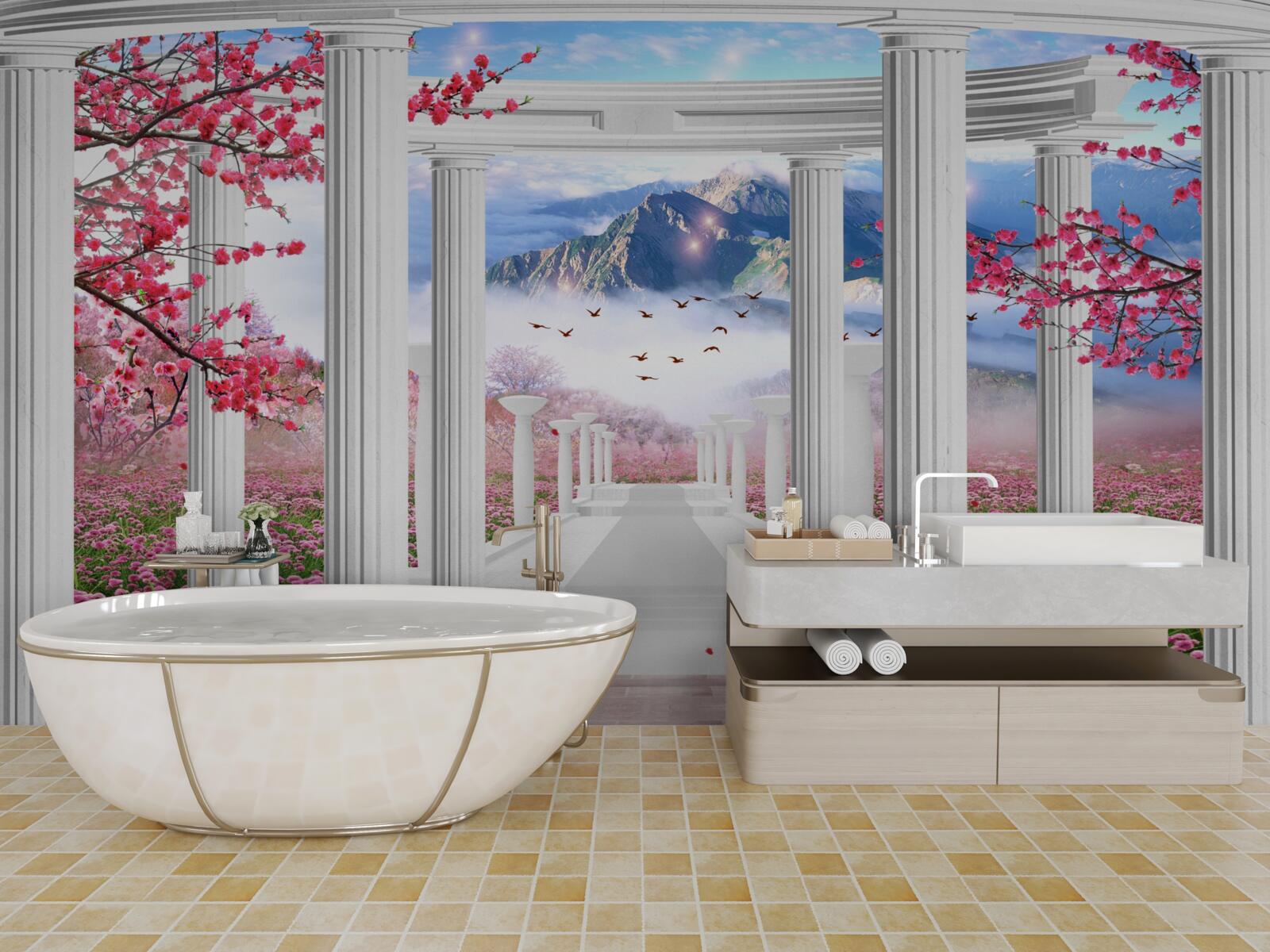 Fototapeta biely altánok na pozadí zapadajúceho slnka, zdobený čerešňovými kvetmi