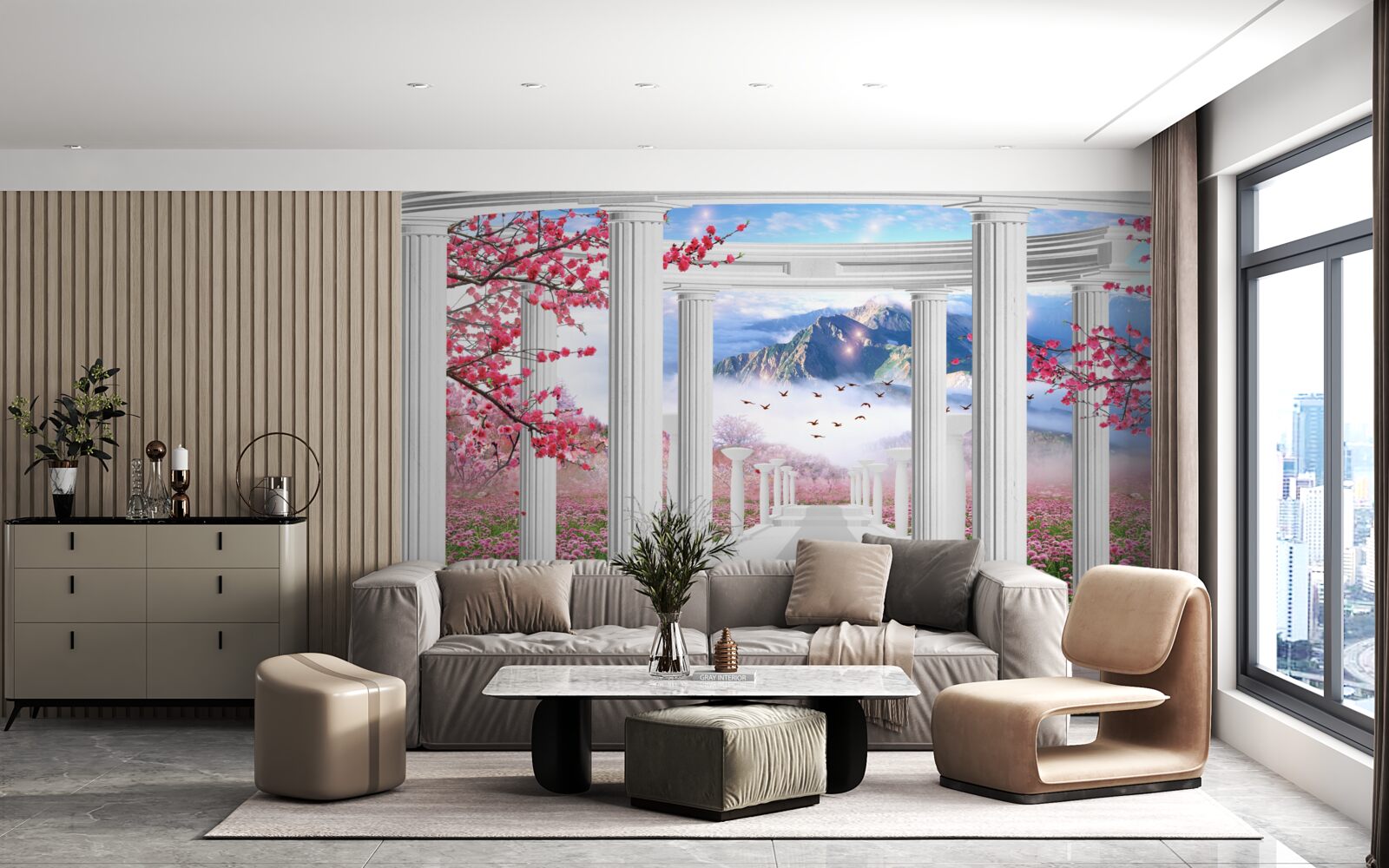 Fototapeta biely altánok na pozadí zapadajúceho slnka, zdobený čerešňovými kvetmi