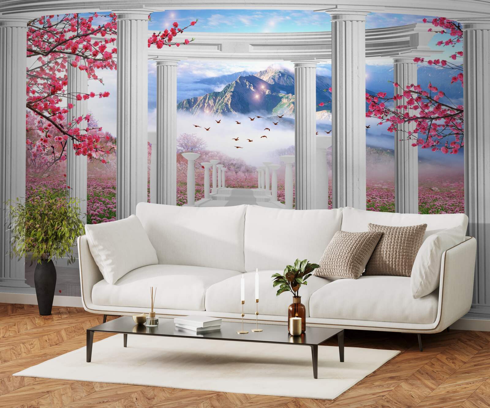 Fototapeta biely altánok na pozadí zapadajúceho slnka, zdobený čerešňovými kvetmi