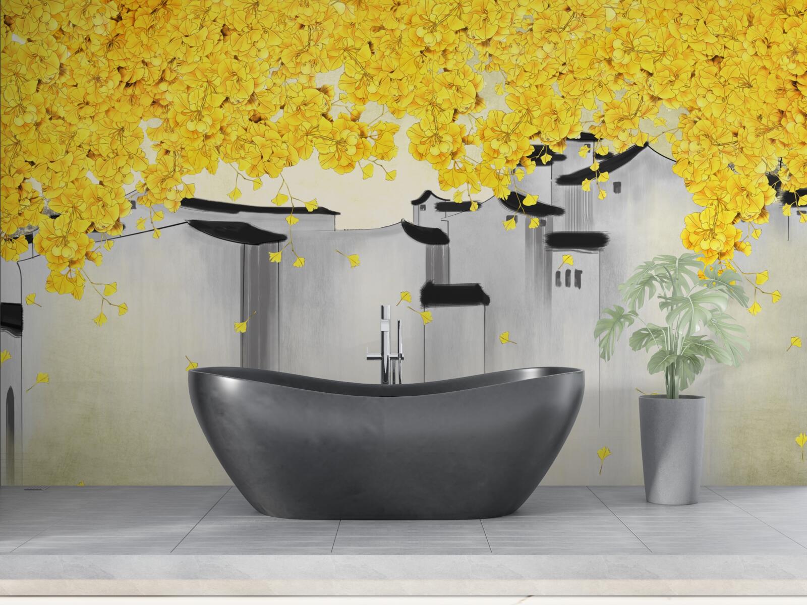 Fototapeta nad strechami budov sa týčia bujné rastliny