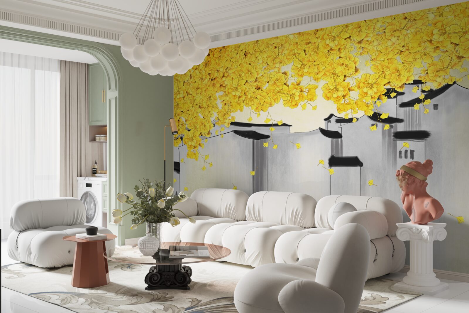 Fototapeta nad strechami budov sa týčia bujné rastliny