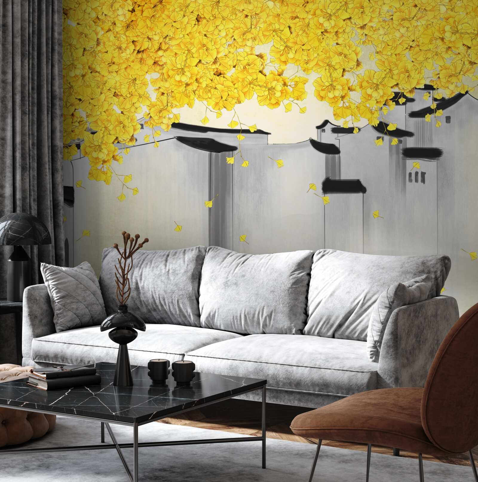 Fototapeta nad strechami budov sa týčia bujné rastliny