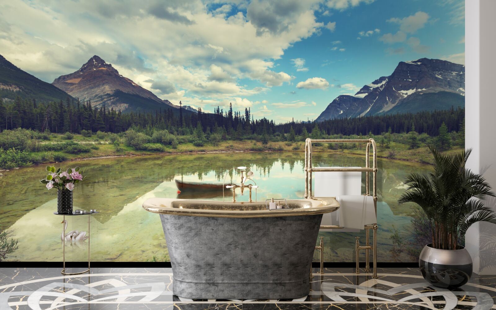 Fototapeta vodná plocha obklopená horami so skalnatými štítmi