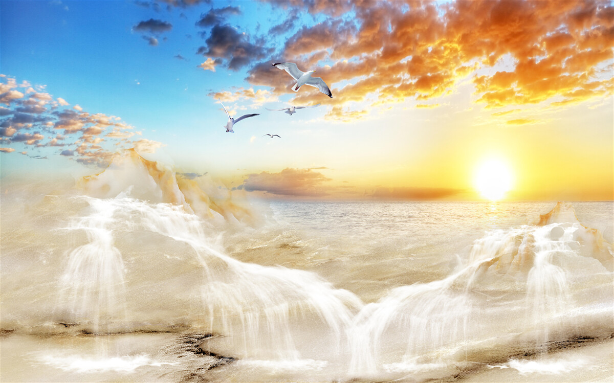 Fototapeta západ slnka nad morom s čajkami