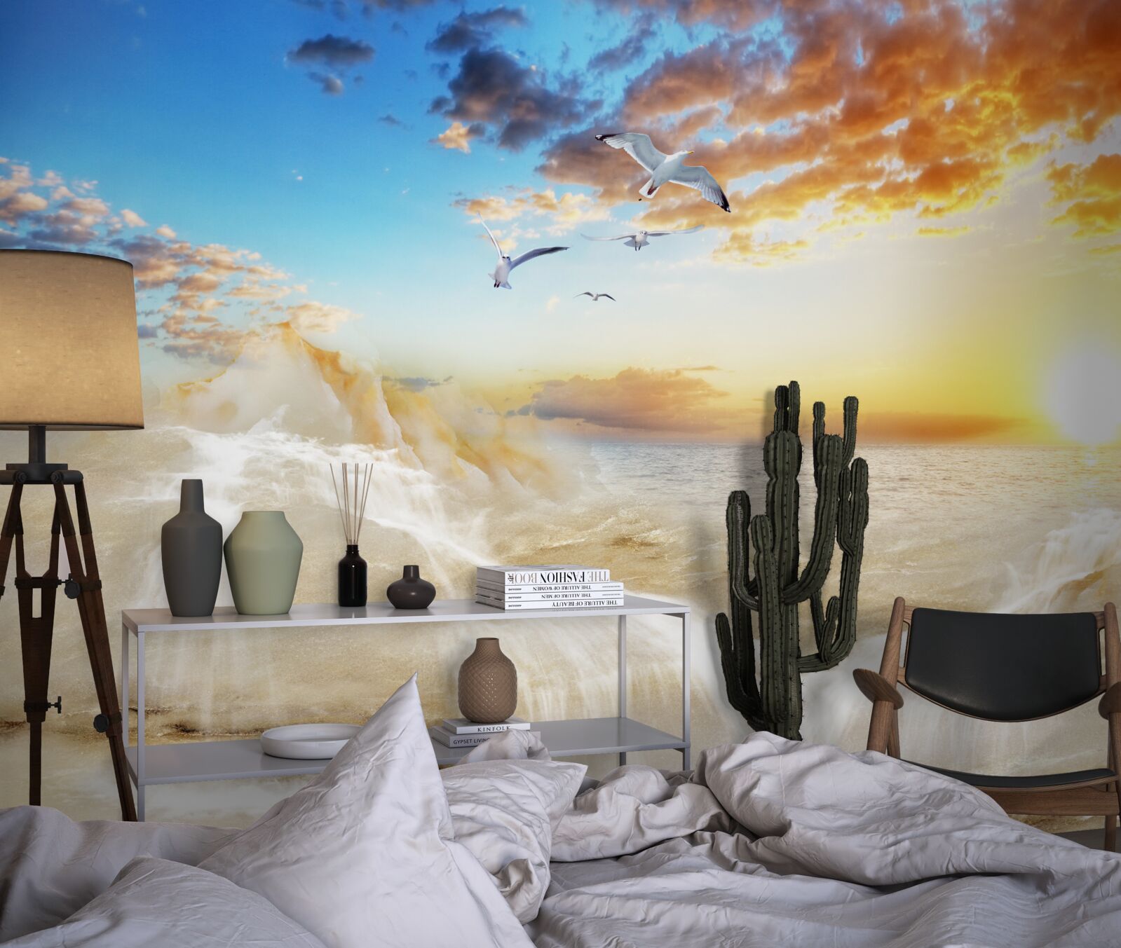 Fototapeta západ slnka nad morom s čajkami