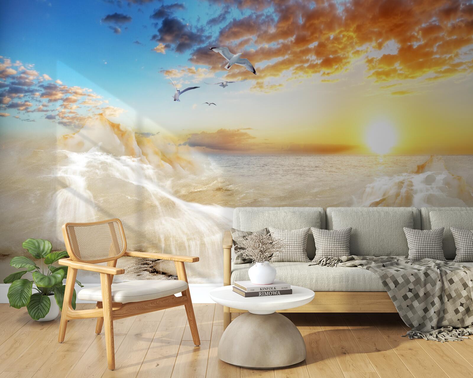 Fototapeta západ slnka nad morom s čajkami