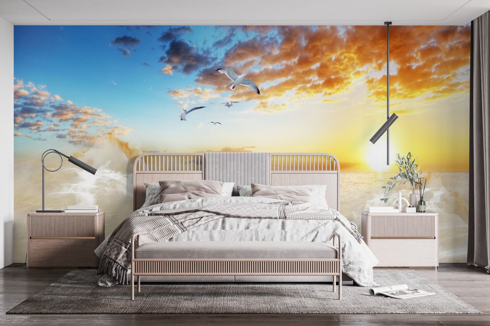 Fototapeta západ slnka nad morom s čajkami