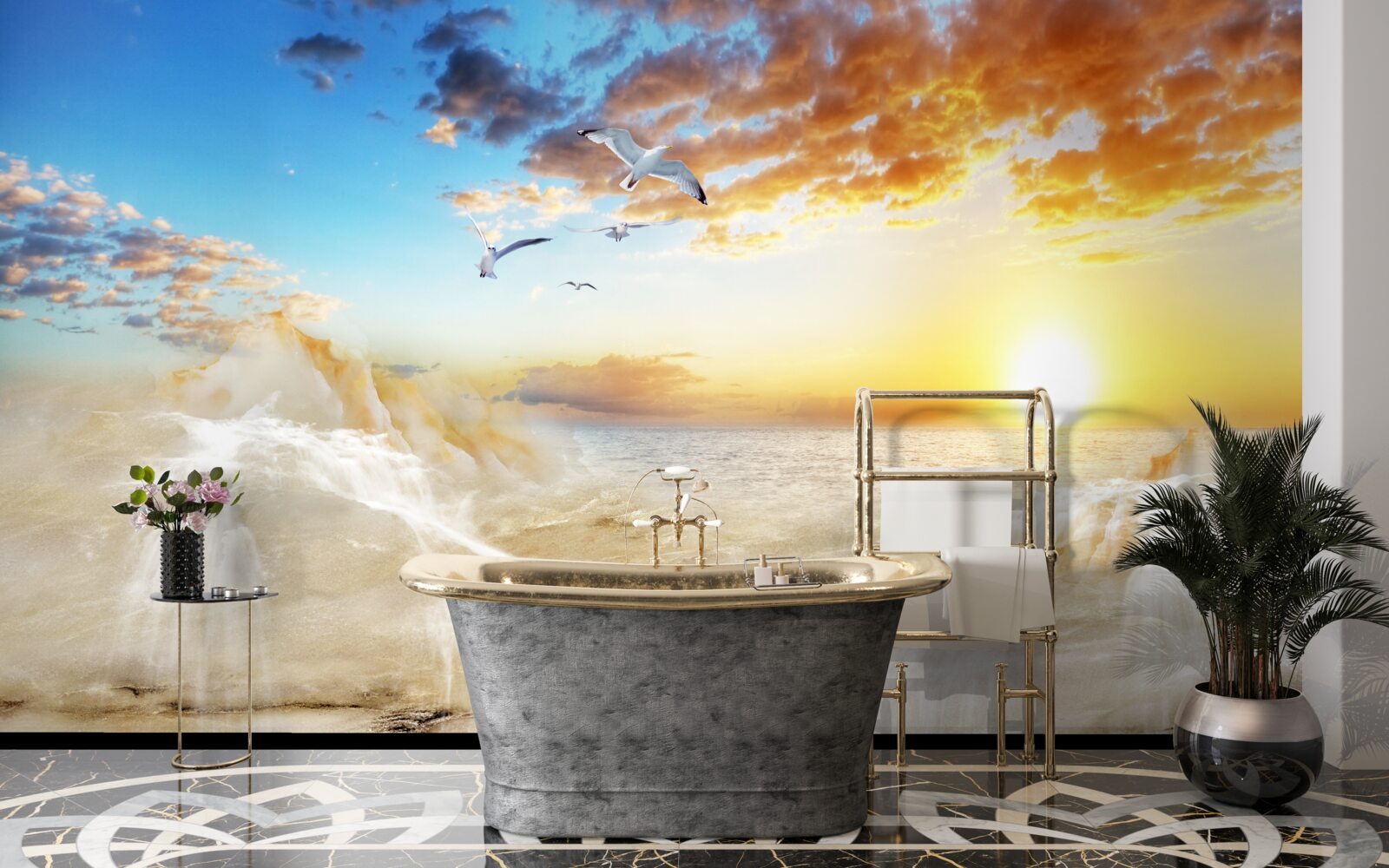 Fototapeta západ slnka nad morom s čajkami