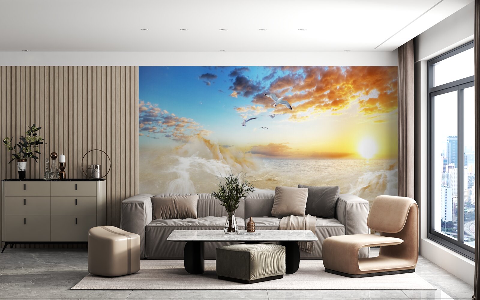 Fototapeta západ slnka nad morom s čajkami