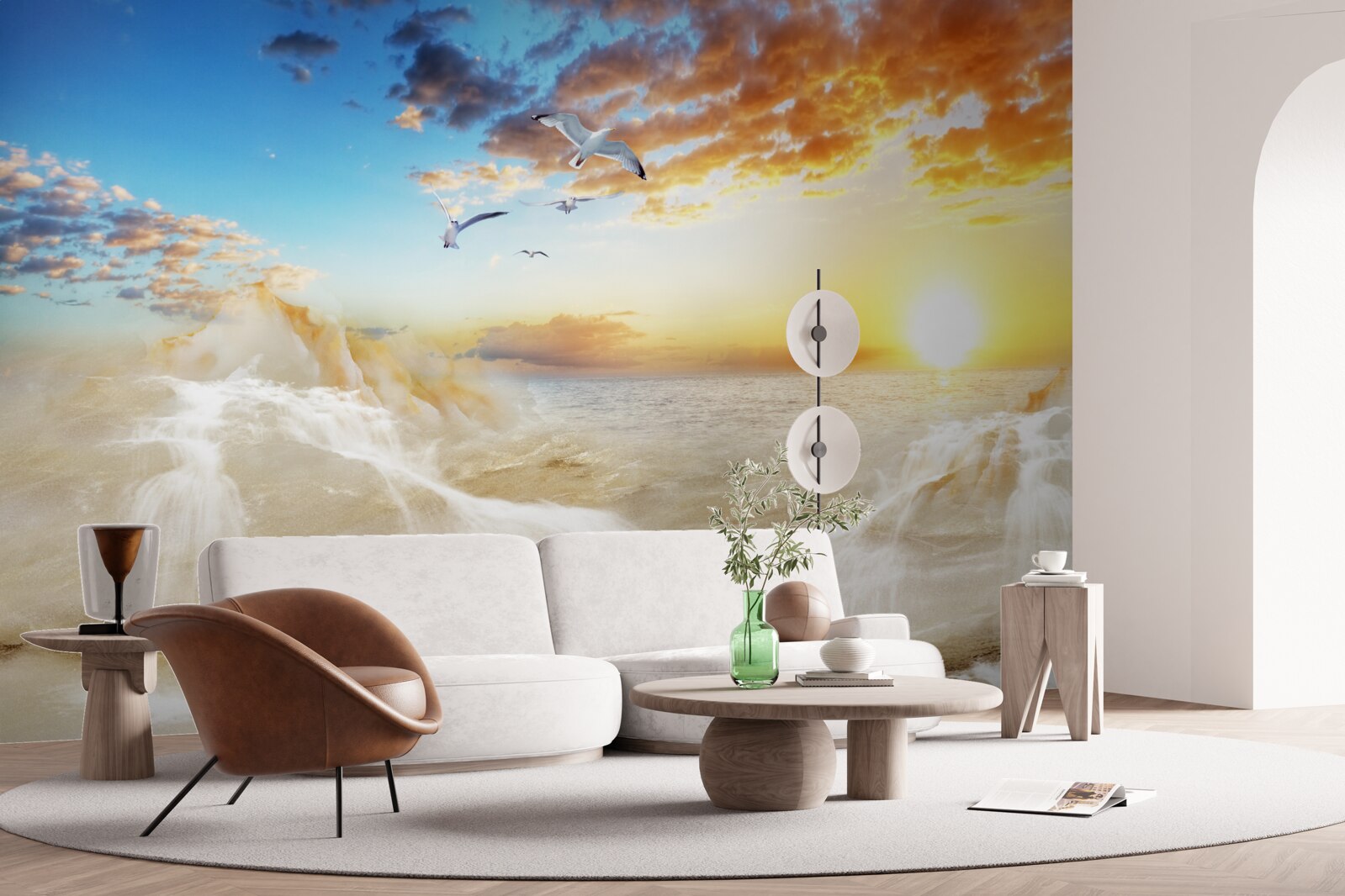 Fototapeta západ slnka nad morom s čajkami