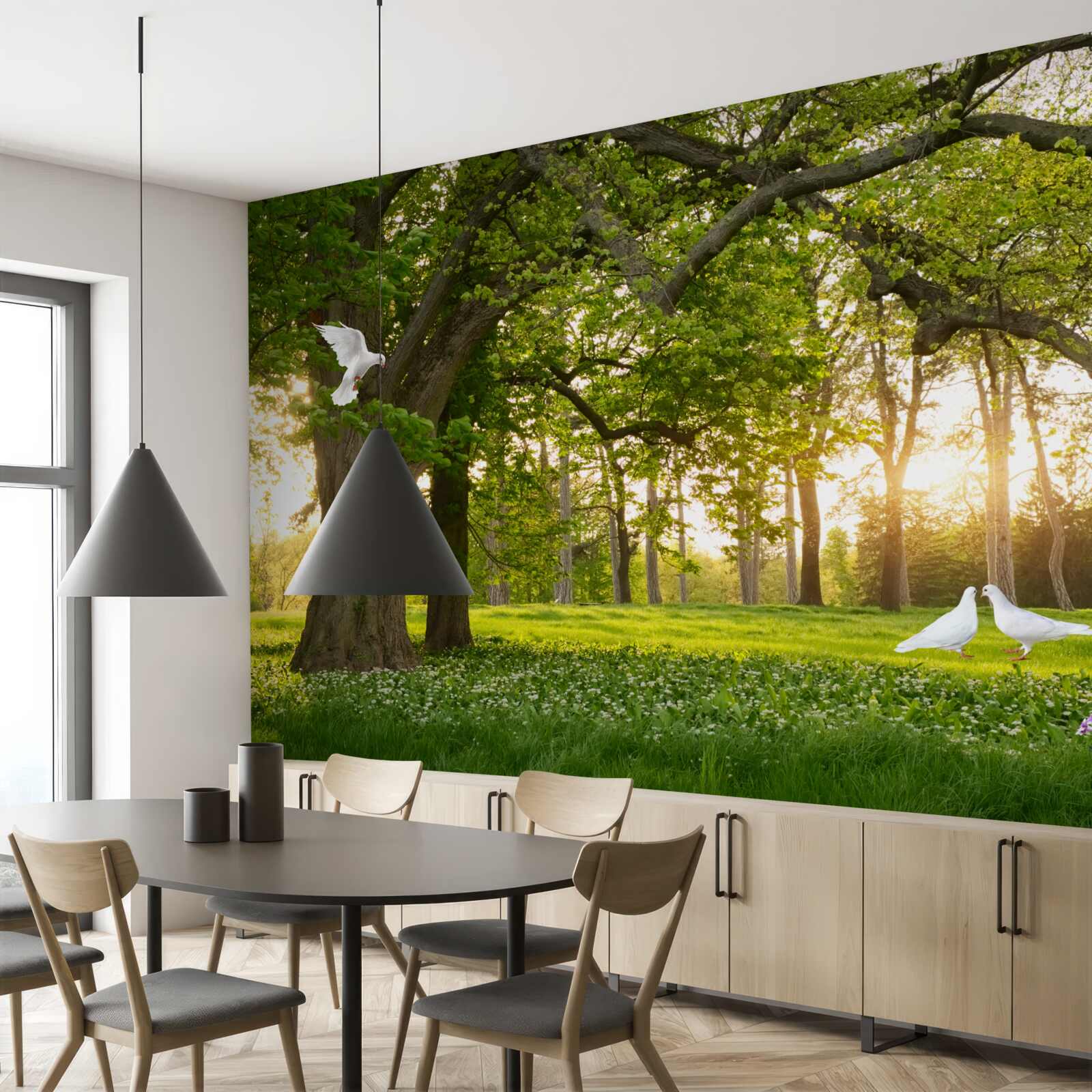 Fototapeta holuby svietia svojou bielou na úsvite v zelenom lese