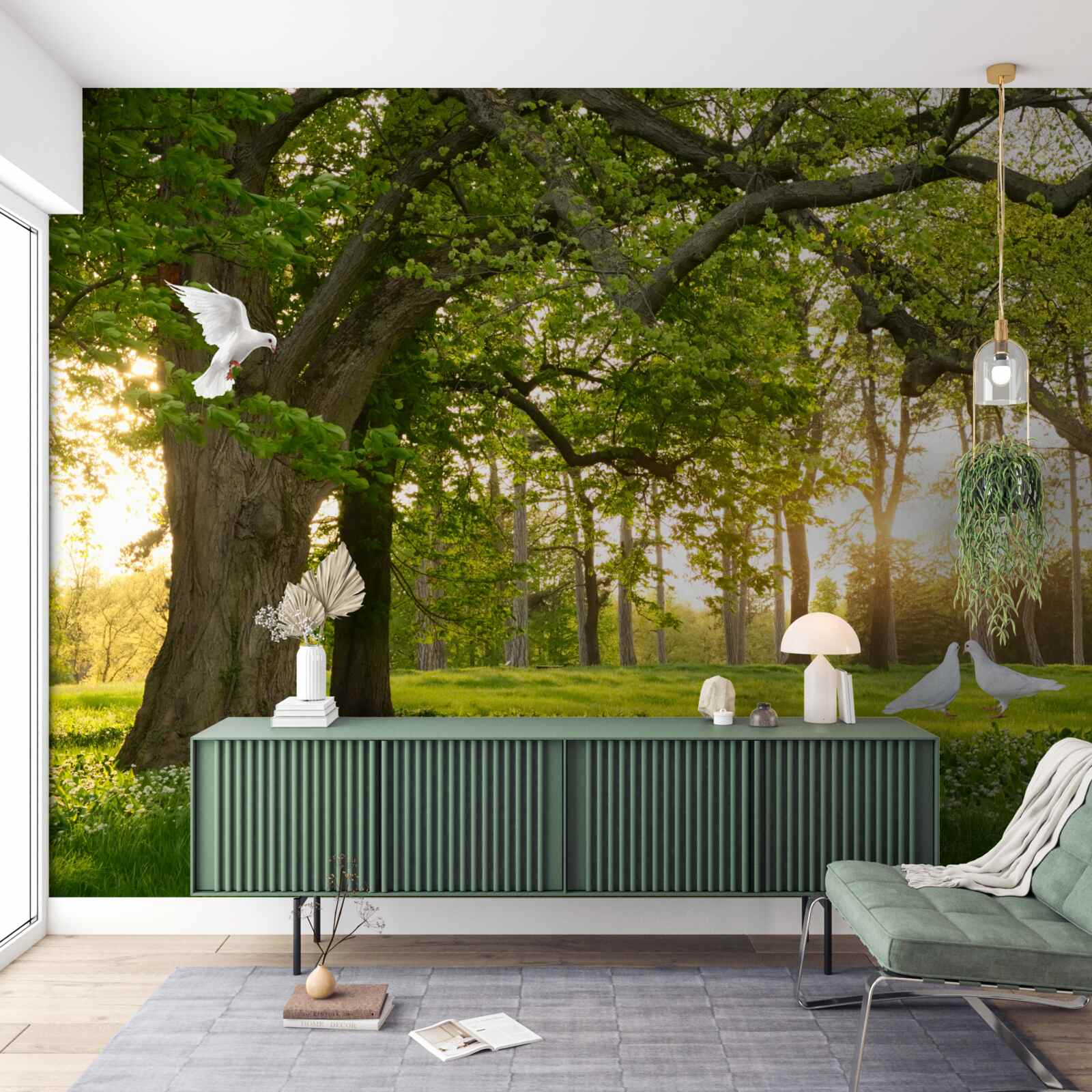 Fototapeta holuby svietia svojou bielou na úsvite v zelenom lese