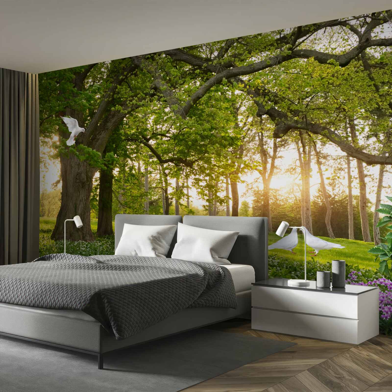 Fototapeta holuby svietia svojou bielou na úsvite v zelenom lese