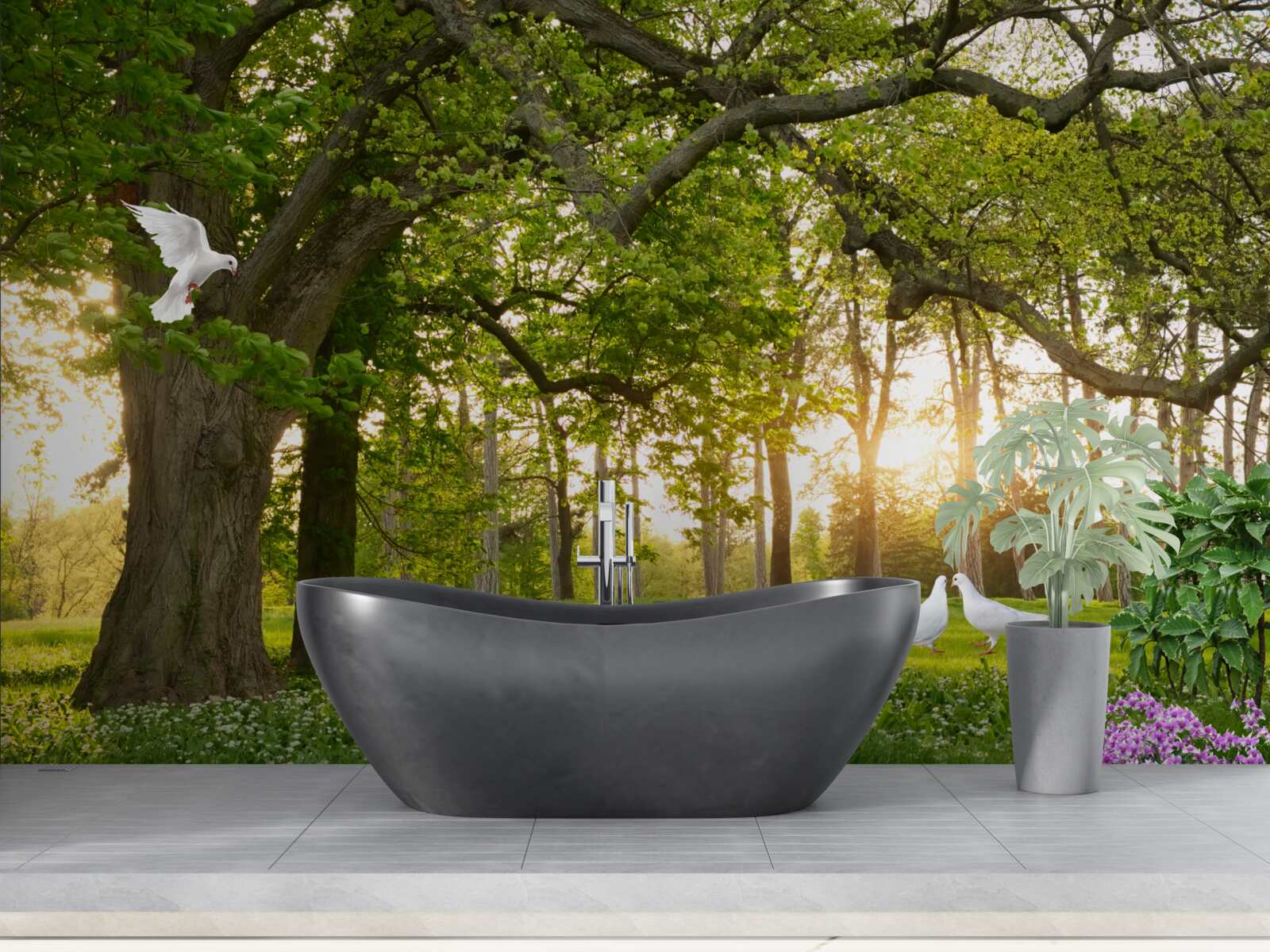 Fototapeta holuby svietia svojou bielou na úsvite v zelenom lese