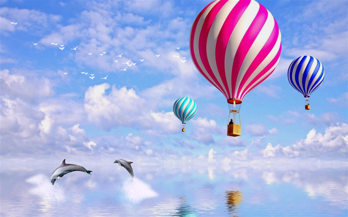 Fototapeta letecká doprava v balónoch nad morom s delfínmi