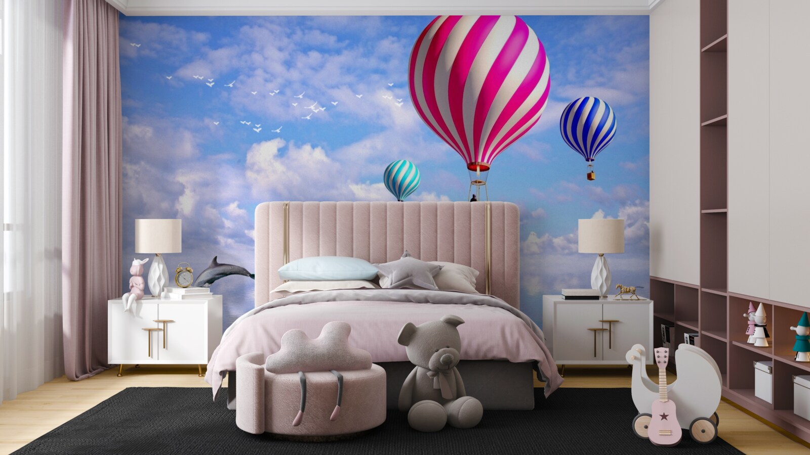 Fototapeta letecká doprava v balónoch nad morom s delfínmi