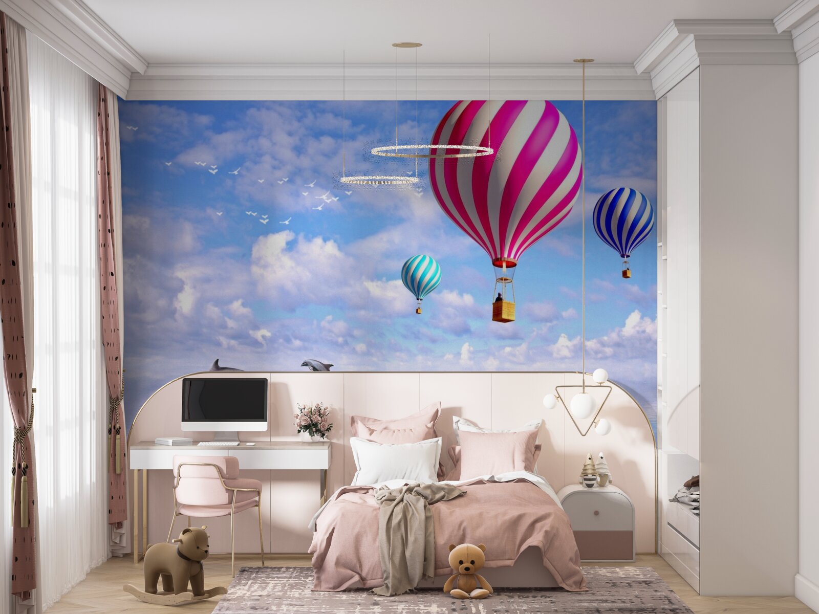 Fototapeta letecká doprava v balónoch nad morom s delfínmi