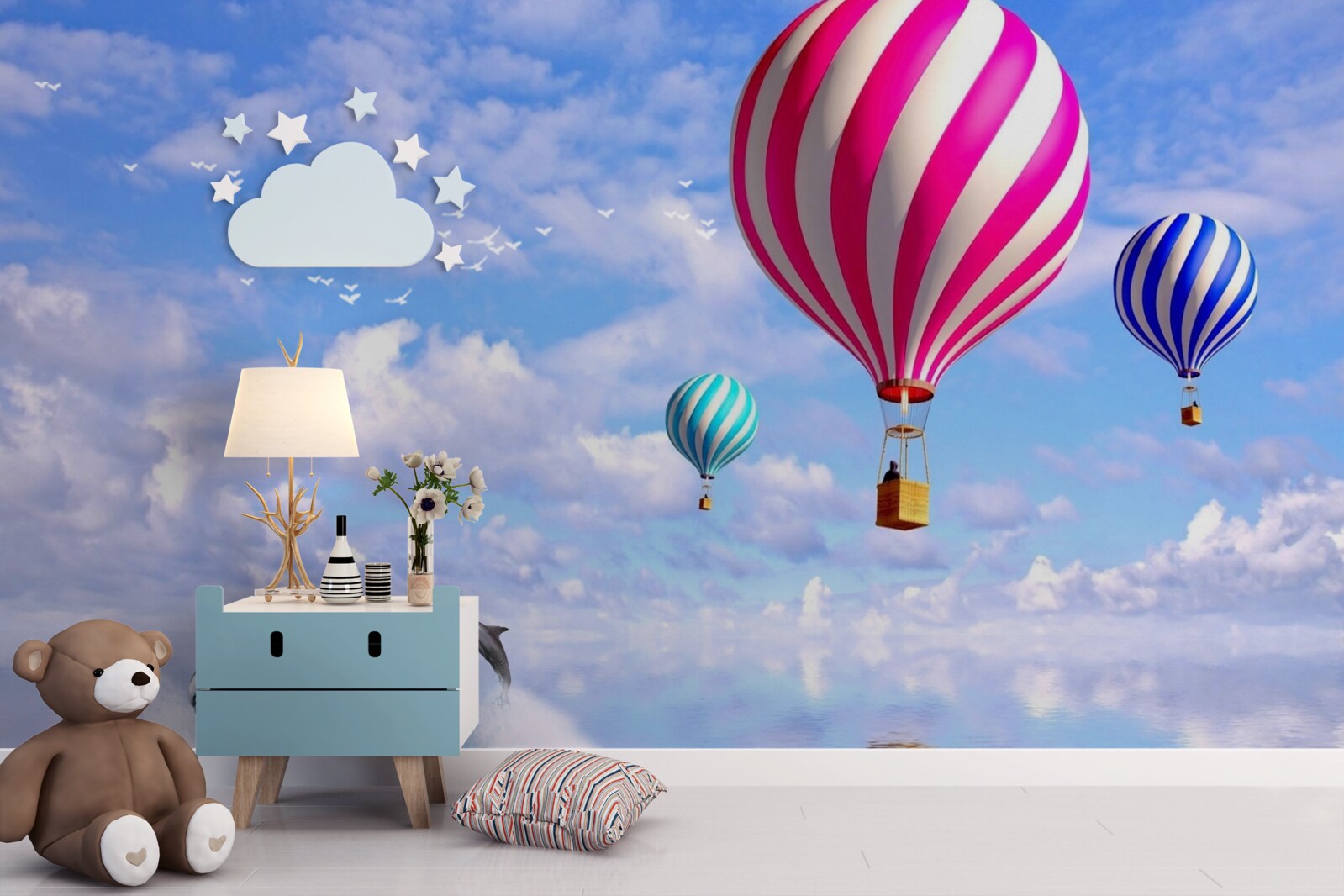 Fototapeta letecká doprava v balónoch nad morom s delfínmi