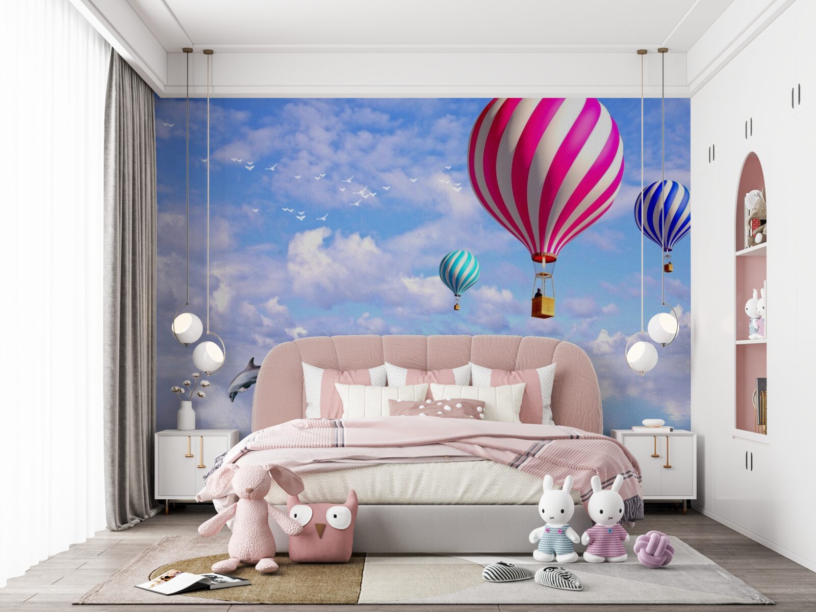 Fototapeta letecká doprava v balónoch nad morom s delfínmi