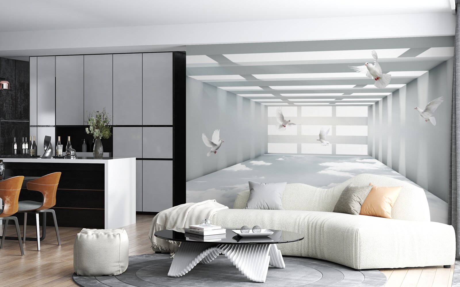 Fototapeta svetlá pasáž, kde sa vo vzduchu vznášajú motýle