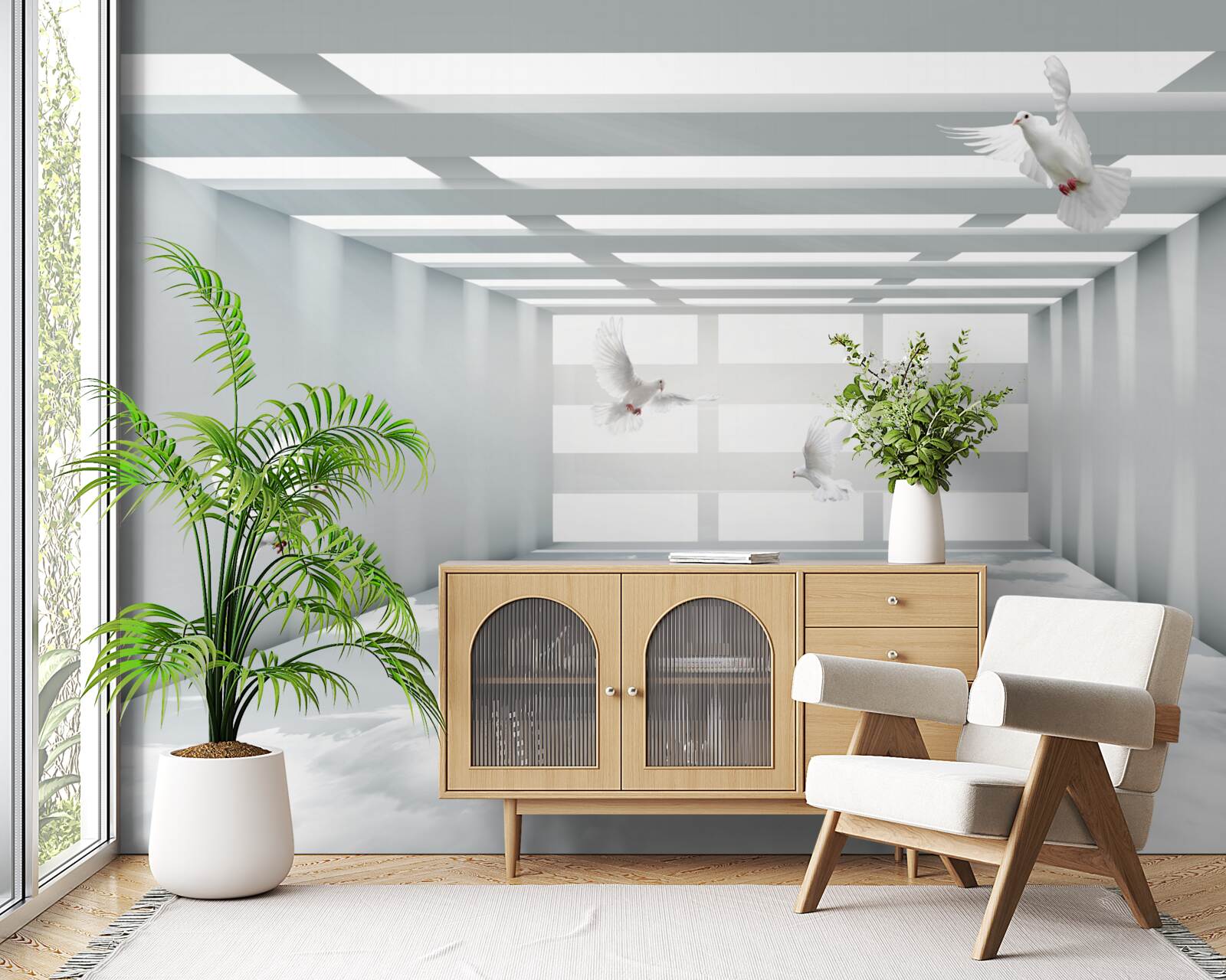 Fototapeta svetlá pasáž, kde sa vo vzduchu vznášajú motýle