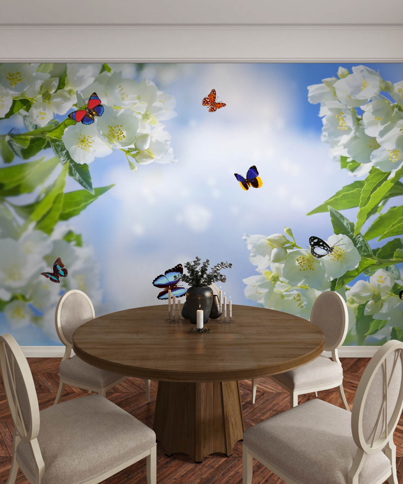 Fototapeta viacfarebné motýle a snehobiele kvety