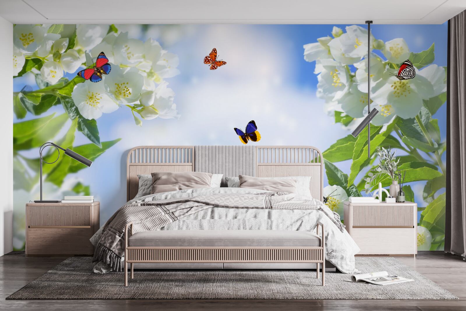 Fototapeta viacfarebné motýle a snehobiele kvety