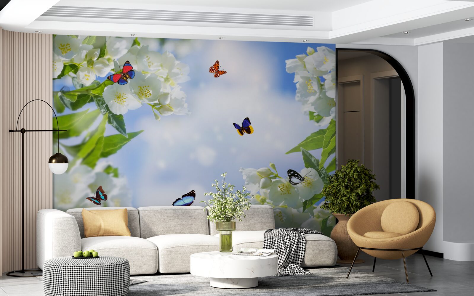 Fototapeta viacfarebné motýle a snehobiele kvety