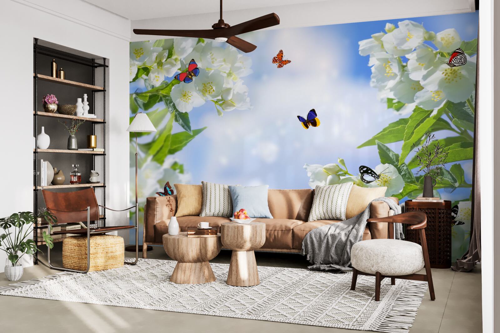 Fototapeta viacfarebné motýle a snehobiele kvety