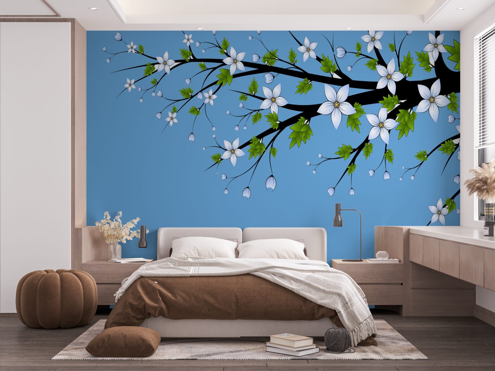 Fototapeta konárik, na ktorom sa otvárajú biele púčiky